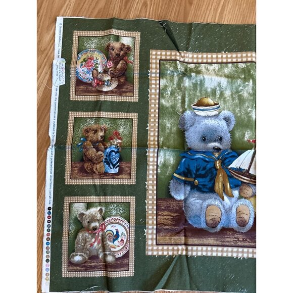 Teddy Bear Patchwork Fabric Panel Giordano Studios LLC Cotton Green Brown 23x42 - Picture 2 of 8